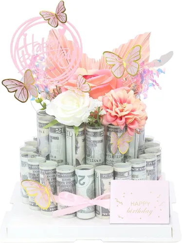 Miniatura 8 de Caja de regalo en efectivo, caja de regalo feliz, pastel de flores, regalo sorpresa para el día de San Valentín (rosa de tres niveles)