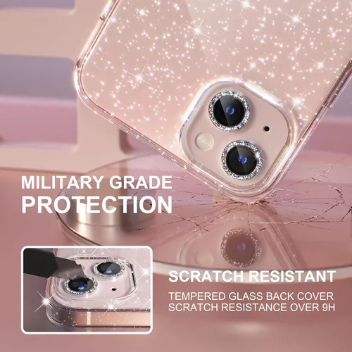 Miniatura 5 de Choiche Compatible con iPhone 13, funda para mujer con purpurina brillante, 2 protectores de lente de cámara con diamantes, funda protectora a