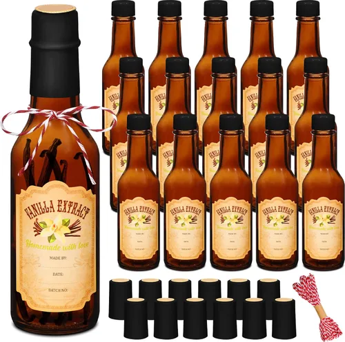 Miniatura 16 de Tioncy 16 botellas vacías de extracto de vainilla para botella de vidrio casera con tapa, banda retráctil, calcomanía, manualidades, regalo de boda