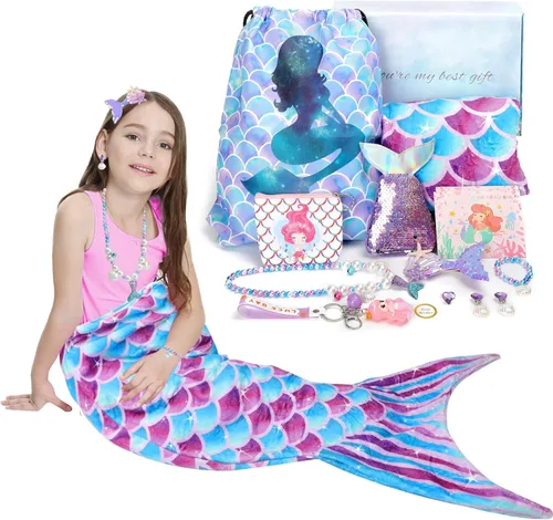 Regalos de sirena para niñas, manta de cola de sirena, juego de maquillaje de joyería de sirena para niñas de 3 4 5 6 7 8 9 10 11 12 años Morado