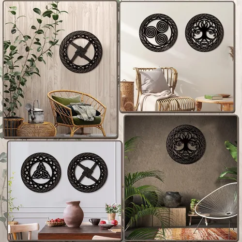 Miniatura 6 de Peryiter Decoración de pared de símbolo celta, 4 piezas de nudo de cruz celta, símbolo de triple espiral, letrero de madera, arte de pared sagrado