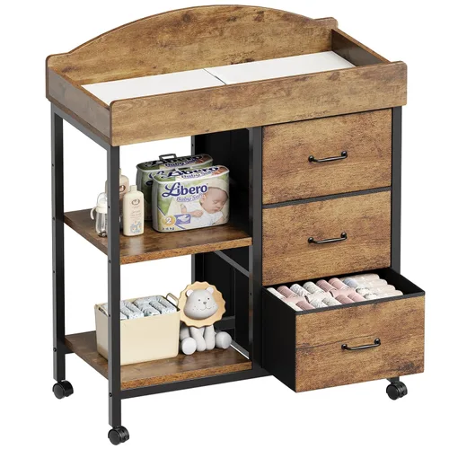 Miniatura 10 de YeTom Mesa Cambiador Cómoda, Cómoda para Bebé con 3 Cajones de Tela y 2 Estantes, Mesa Cambiador Multifuncional para Bebé con Almohadilla, Cómoda