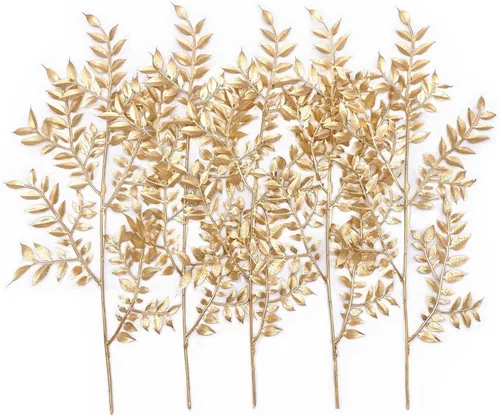 PASYOU Plantas de hojas falsas para decoración de Navidad, arbustos artificiales dorados, hierba, follaje de plástico, hojas a granel, para Hojas