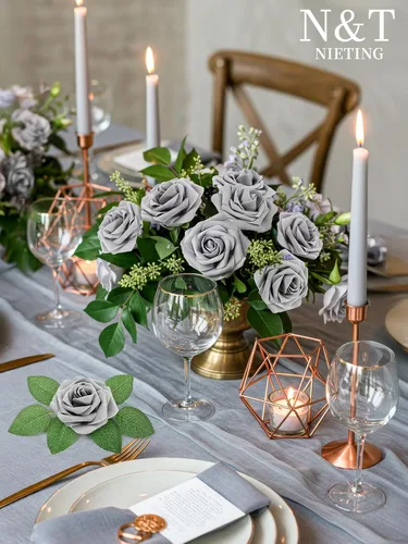 Miniatura 258 de N&T NIETING Flores artificiales, rosas artificiales de color rosa intenso, 50 piezas de flores falsas con tallo para ramos de boda DIY, centros