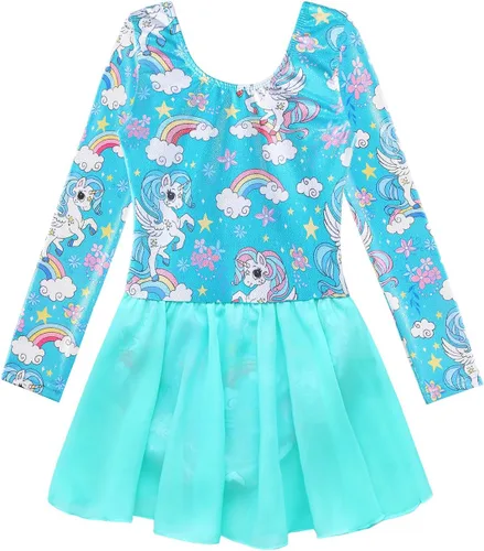 Miniatura 15 de EQSJIU Leotardo de baile de manga larga para niñas, vestido de ballet brillante con copo de nieve, tutú con falda tutú para niñas