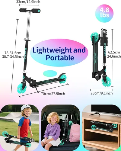 Miniatura 5 de BELEEV V1 Patinetas para niños, patineta plegable de 2 ruedas para niños y niñas, 3 alturas ajustables, ruedas iluminadas, patineta ligera