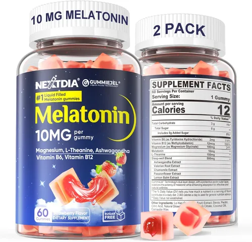 Miniatura 9 de Nextdia Gomitas de melatonina sin azúcar, 10 mg 20 mg de glicinato de magnesio y melatonina para adultos, Ashwagandha, L-teanina, B6, B12, bálsamo