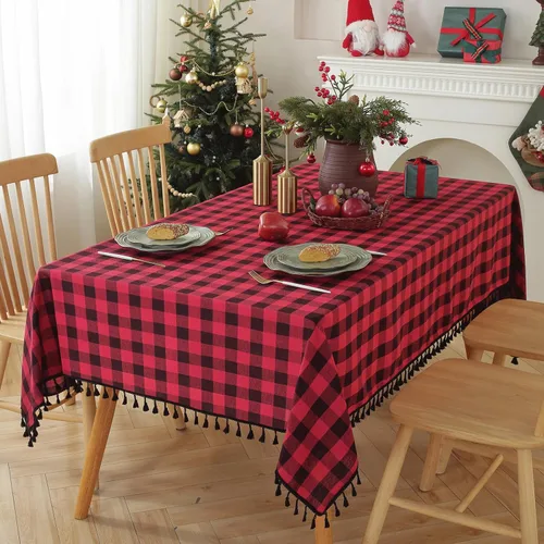 Miniatura 11 de JIALE - Mantel cuadrado de lino de algodón de cuadros Gingham con borlas, lavable, sin arrugas, mantel a cuadros de búfalo para fiesta al aire
