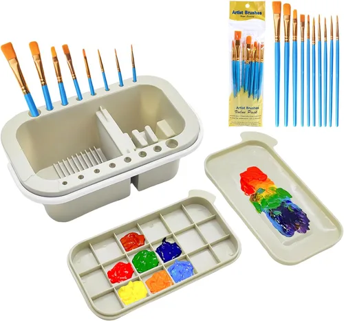 ZLY Limpiador de pinceles de pintura con 10 pinceles de pintura, soporte para pinceles y organizadores con paleta para acrílico, para acuarela y