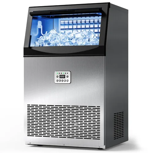 Tehanld Máquina comercial para hacer hielo, 110 libras/24 horas con gran capacidad de almacenamiento de 33 libras, 50 cubitos de hielo/15 minutos,