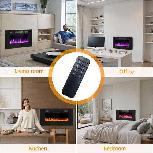 Miniatura 8 de Chimenea eléctrica de 36 pulgadas, chimenea eléctrica montada en la pared con control remoto y temporizador, chimeneas calefactoras de bajo ruido