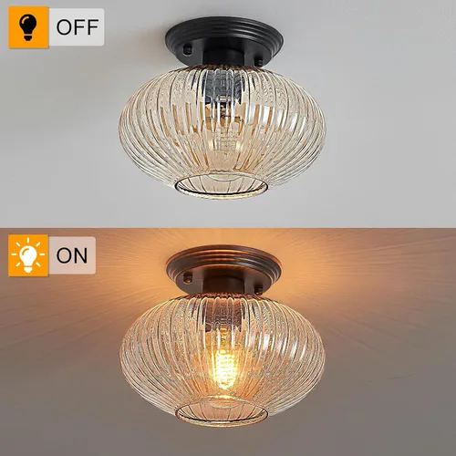 Miniatura 3 de Lámpara de techo semiempotrada, luces de techo vintage negras para cocina, vidrio a rayas ámbar cerca del techo para sala de estar, pasillo