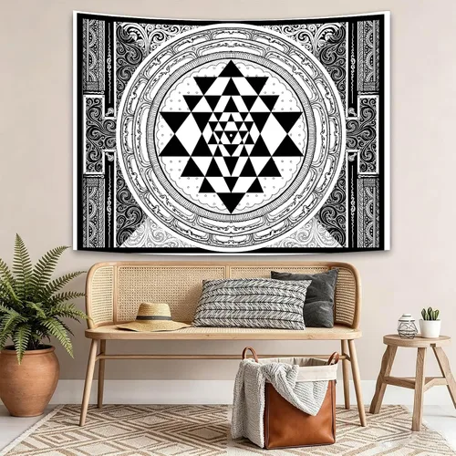 Miniatura 4 de SHRAPHY Tapiz Sri Yantra de 60 x 40 pulgadas, tapiz de meditación sentado, geometría sagrada, tapiz de arte blanco y negro para colgar en la pared