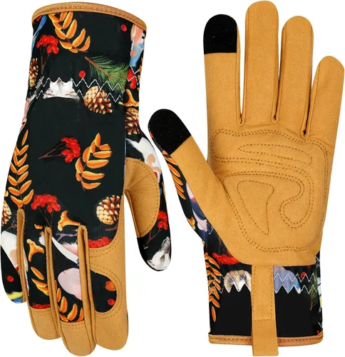 Miniatura 8 de Guantes de jardinería de cuero para mujer, guantes de jardín a prueba de espinas, diseño de pantalla táctil, guantes de trabajo resistentes