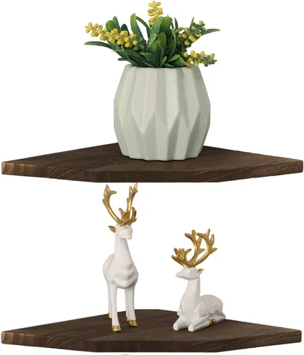 Miniatura 5 de Joiishom Juego de 2 estantes de esquina de madera maciza para pared, estantes flotantes de esquina de madera maciza para pared, estante esquinero