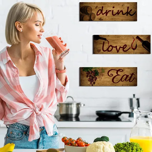 Miniatura 3 de 3 piezas de arte de pared de vino tinto con diseño de barril de madera, para comer, beber, letreros de madera para decoración de cocina, frutas