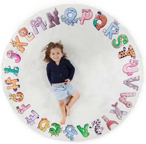 Miniatura 9 de ABC - Alfombra del alfabeto para niños, alfombra de juego redonda azul de 6 pies para niños pequeños y bebés, decoración suave para el cuarto