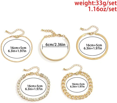 Miniatura 6 de fxmimior Juego de 5 pulseras apilables de cadena dorada y plata con diamantes de imitación para mujer, con cuentas ajustables, cadena de cable plano