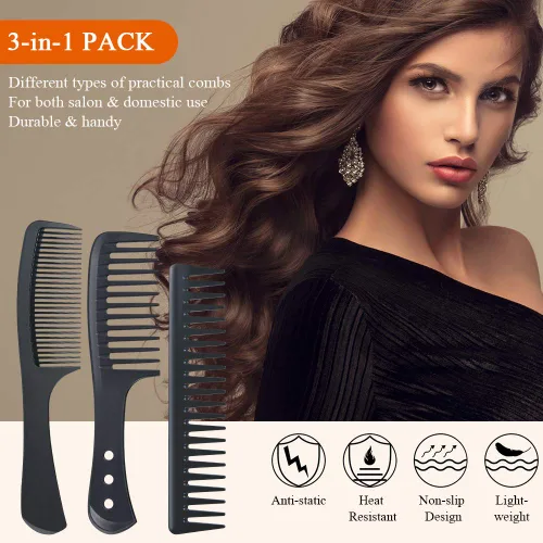 Miniatura 3 de URAQT Juego de peines de peluquería, paquete de 3 peines de dientes anchos, resistente al calor, antiestático, cepillo de pelo de carbono
