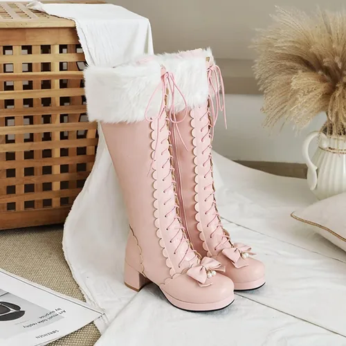 Miniatura 4 de Botas altas hasta la rodilla con plataforma para mujer, con lazo de invierno, con cremallera, botines largos Kawaii