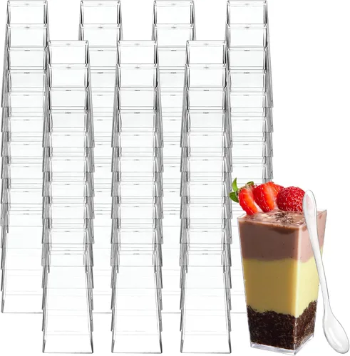 TOFLEN Paquete de 100 mini tazas cuadradas de postre de 3 onzas con cucharas de plástico transparente para fiestas, yogur, parfait, pastel de queso,