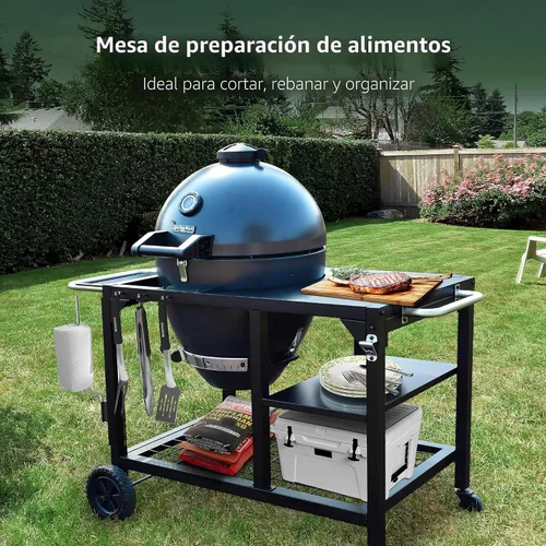 Miniatura 7 de Brand-Man - Parrilla de carbón y ahumador Kamado de acero - Rejillas de hierro fundido de 22 pulgadas, cesta de parrilla, carrito de mesa