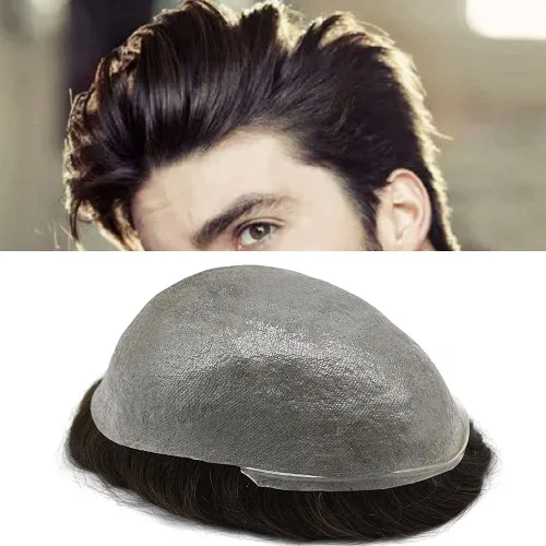 Miniatura 35 de Toupee para hombres pieza de pelo 0.002 in piel ultra fina para hombre Toupee cabello humano gris sistema de reemplazo para hombres sistema
