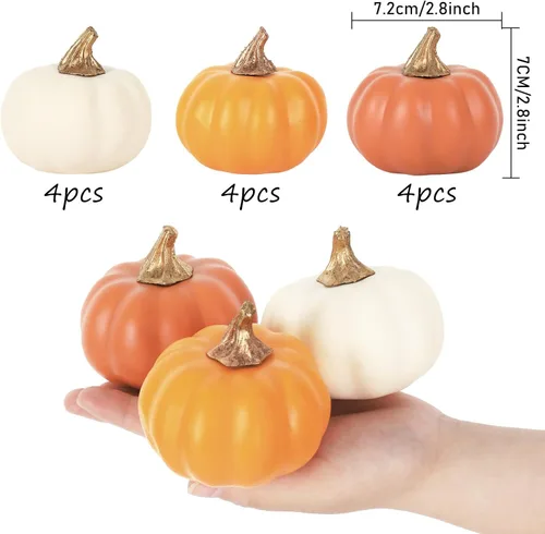 Miniatura 2 de AnyDesign 12 calabazas artificiales de otoño, mini calabazas de espuma falsas color naranja, verduras de cosecha sintética para otoño, Acción