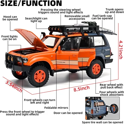 Miniatura 2 de OANMYJJO Autos para niños 1/24 de Land Cruiser LC80 modelo de coche fundido a presión, autos de tracción con luz y sonido, modelo de auto Naranja