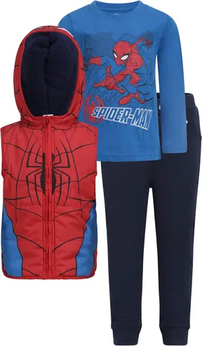 Marvel Spider-Man - Chaleco con cremallera para niños, camiseta de manga larga y conjunto deportivo para niños pequeños y grandes - AzulRojo