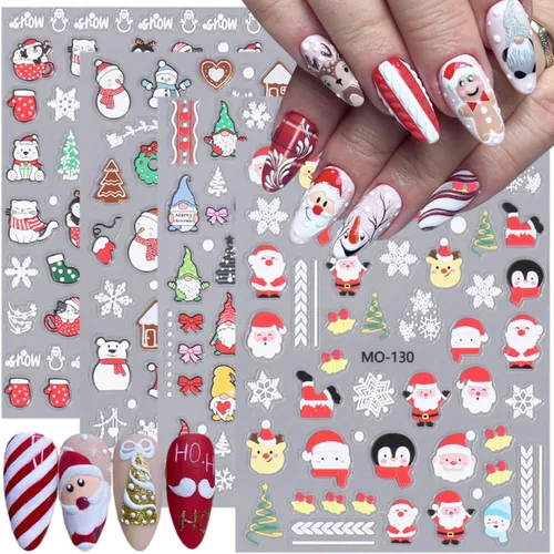 Miniatura 20 de Calcomanías de arte de uñas de Navidad 5D en relieve autoadhesivas para arte de uñas, lindos gnomos de Papá Noel, muñeco de nieve, árbol de Navidad
