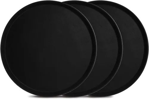 Miniatura 10 de TOPZEA Paquete de 3 bandejas de servicio de restaurante, bandeja redonda negra de fibra de vidrio de 11 pulgadas antideslizante para servicio