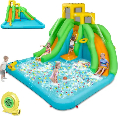 Miniatura 10 de HONEY JOY - Tobogán acuático inflable, parque acuático inflable 6 en 1 con muro para escalar y 2 toboganes largos, piscina, castillo inflable