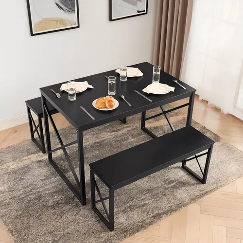 Miniatura 2 de VECELO Juego de mesa de comedor de cocina de 43.3 pulgadas para 4, marco de acero resistente y mesa de grano de madera, juegos de comedor que