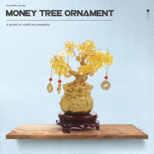 Miniatura 5 de Árbol del dinero de Feng Shui de cristal natural, citrino, árbol de la suerte, figura coleccionable de la vida, decoración de bonsái con monedas