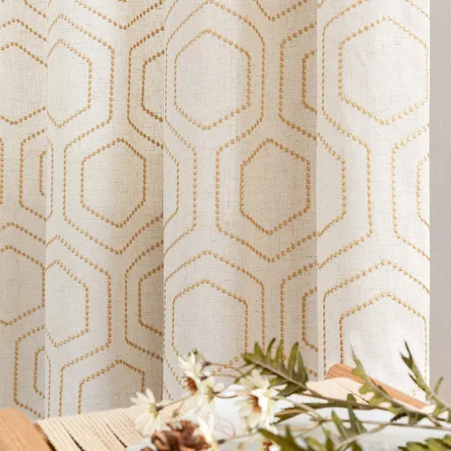 JINCHAN Cortinas bohemias amarillas de ventana de 63 pulgadas de largo, de textura de lino, con diseño bordado en forma de panal para filtrar la