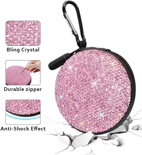Miniatura 2 de SAVORI Estuche para auriculares pequeños con diamantes de imitación de cristal portátil, organizador de auriculares, bolsa de almacenamiento con Rosa