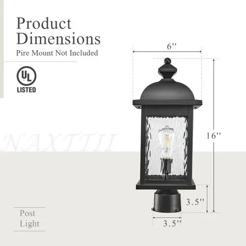 Miniatura 6 de Luz de poste al aire libre de aluminio para exteriores, con cable duro con vidrio ondulado de agua, acabado negro mate, 16 pulgadas de altura