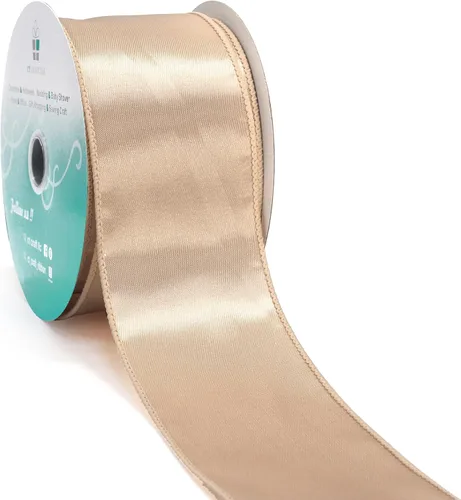 Cinta de satén con alambre de 2.5 pulgadas x 20 yardas, color dorado champán para decoración del hogar de Navidad, envoltura de regalos, decoración