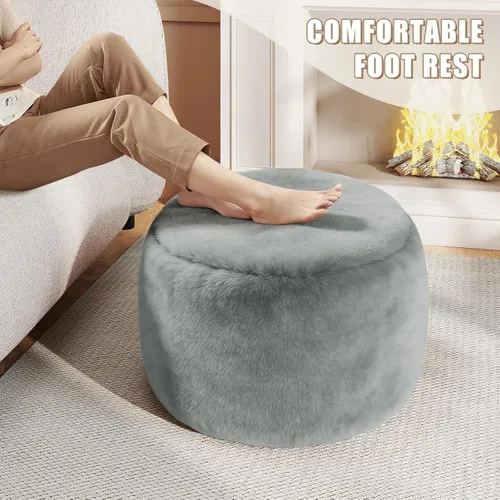 Miniatura 4 de Puf otomano redondo de relleno, pufs de piel sintética con relleno de espuma viscoelástica, otomanas para sala de estar, guardería, dormitorio, Gris
