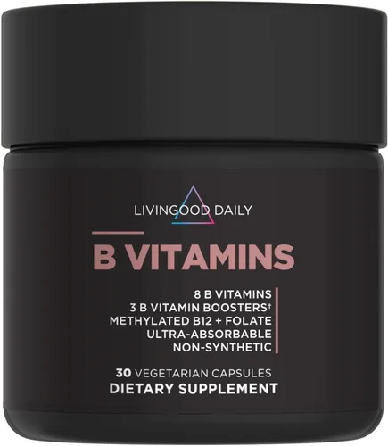 Livingood Daily Cápsulas de complejo de vitamina B para hombres y mujeres, B12 metilado y folato, 11 formas activas que incluyen B1 B2 B3 B5 B6 y