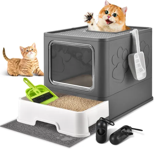 Miniatura 7 de Caja de arena cubierta para gatos con alfombrilla de arena, plegable, extra grande, puerta ajustable de doble entrada, diseño de cajón, caja de Azul