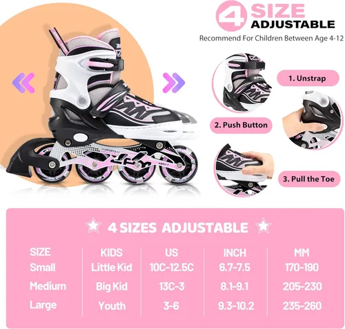 Miniatura 3 de 2PM SPORTS - Patines en línea Cytia para niñas, ajustables, con ruedas iluminadas, rosa, con ruedas con luces, patines divertidos y parpadeantes