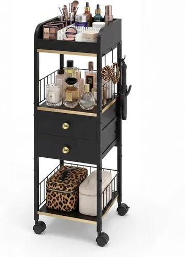Makeup Organizer Cart, Rolling Floor Skincare Organizer and Storage with 2 Wooden Drawers, Cosmetics Display Cases Holder for Skin Care Perfume Hair