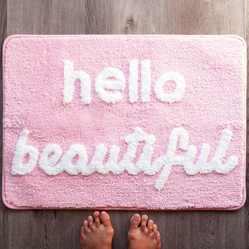 Evovee Hello Beautiful - Alfombra de baño rosa claro, melocotón, coral, linda alfombra de baño para niñas, con texto en inglés "You Look Good",