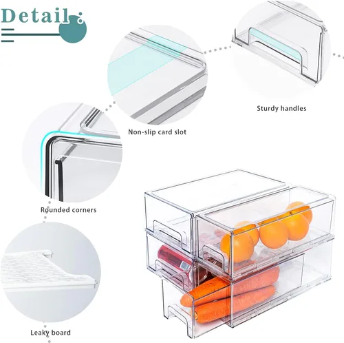 Miniatura 6 de Paquete de 2 cajones apilables para refrigerador, contenedores extraíbles transparentes, organizador de cajón para refrigerador, contenedores