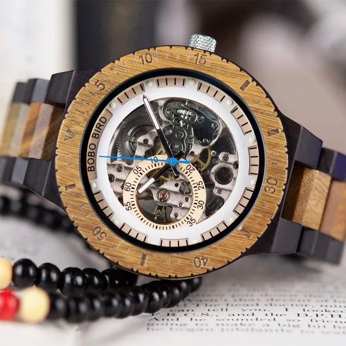 Miniatura 8 de BOBO BIRD Reloj mecánico automático de madera para hombre, personalizable, reloj de pulsera de madera de lujo para hombre