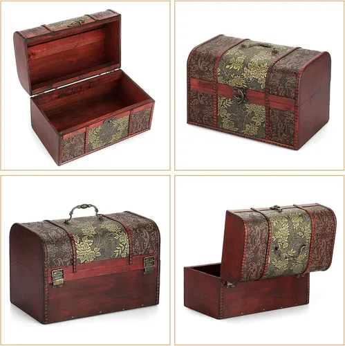 Miniatura 3 de ELLDOO Caja de cofre del tesoro vintage, caja de recuerdos pirata para regalos de niños, caja de almacenamiento de tesoros de madera, caja
