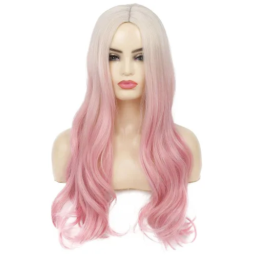 Miniatura 2 de Peluca larga ondulada de rubio a rosa para mujer, rizada, resistente al calor, sintética, para Halloween, cosplay, pelucas de pelo