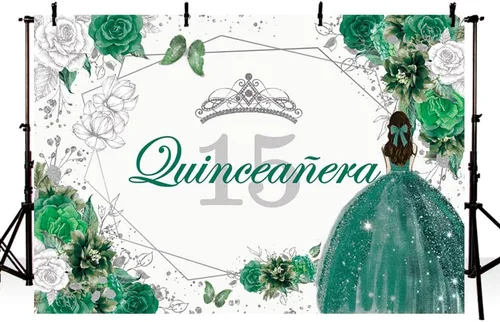 Miniatura 2 de MEHOFOND Telón de fondo de quinceañera con 15 letras para fiesta de niñas de 15 años con texto en inglés «Sweet 15 Quince años», fondo floral azul
